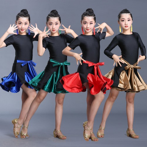 Girls latin dresses for kids children stage performance red dark green blue ballroom competition dance dresses outfits